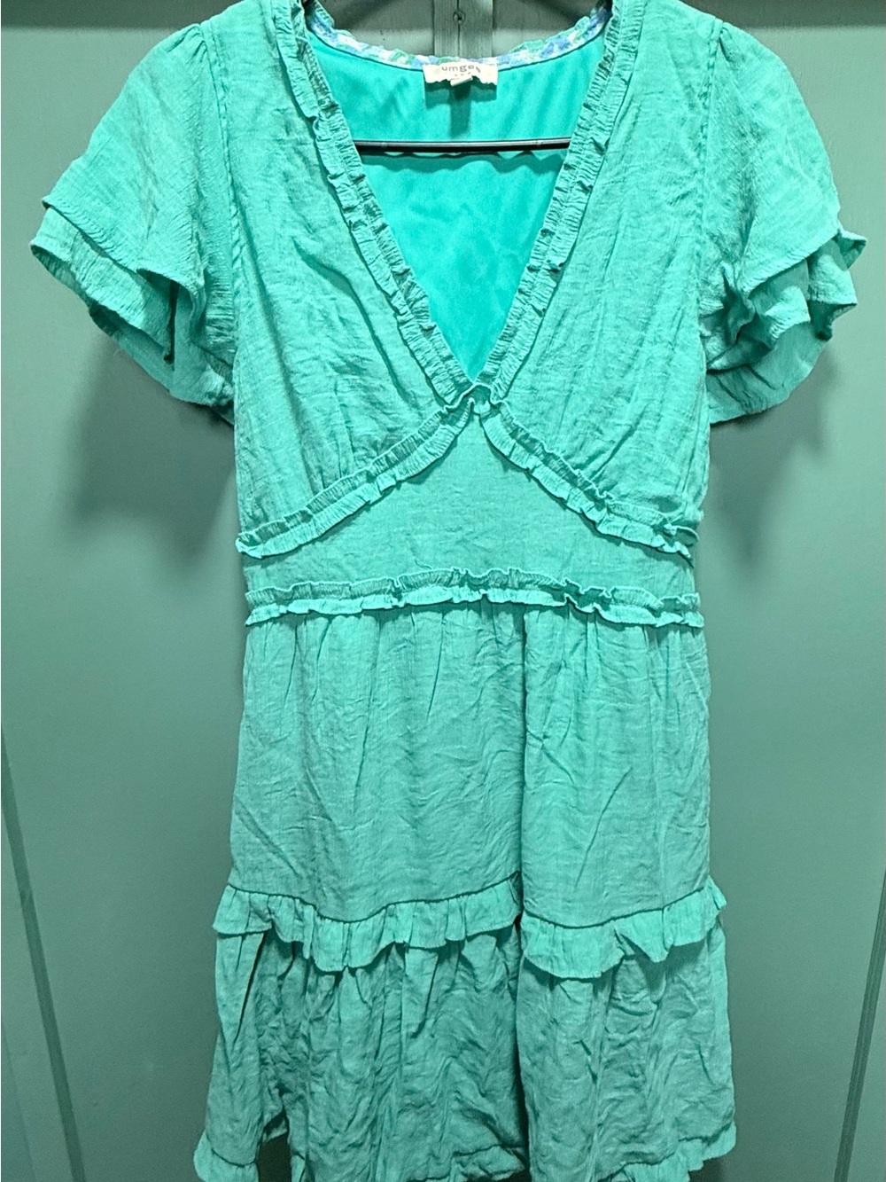 Umgee Teal V-Neck Dress with Patterned Trim